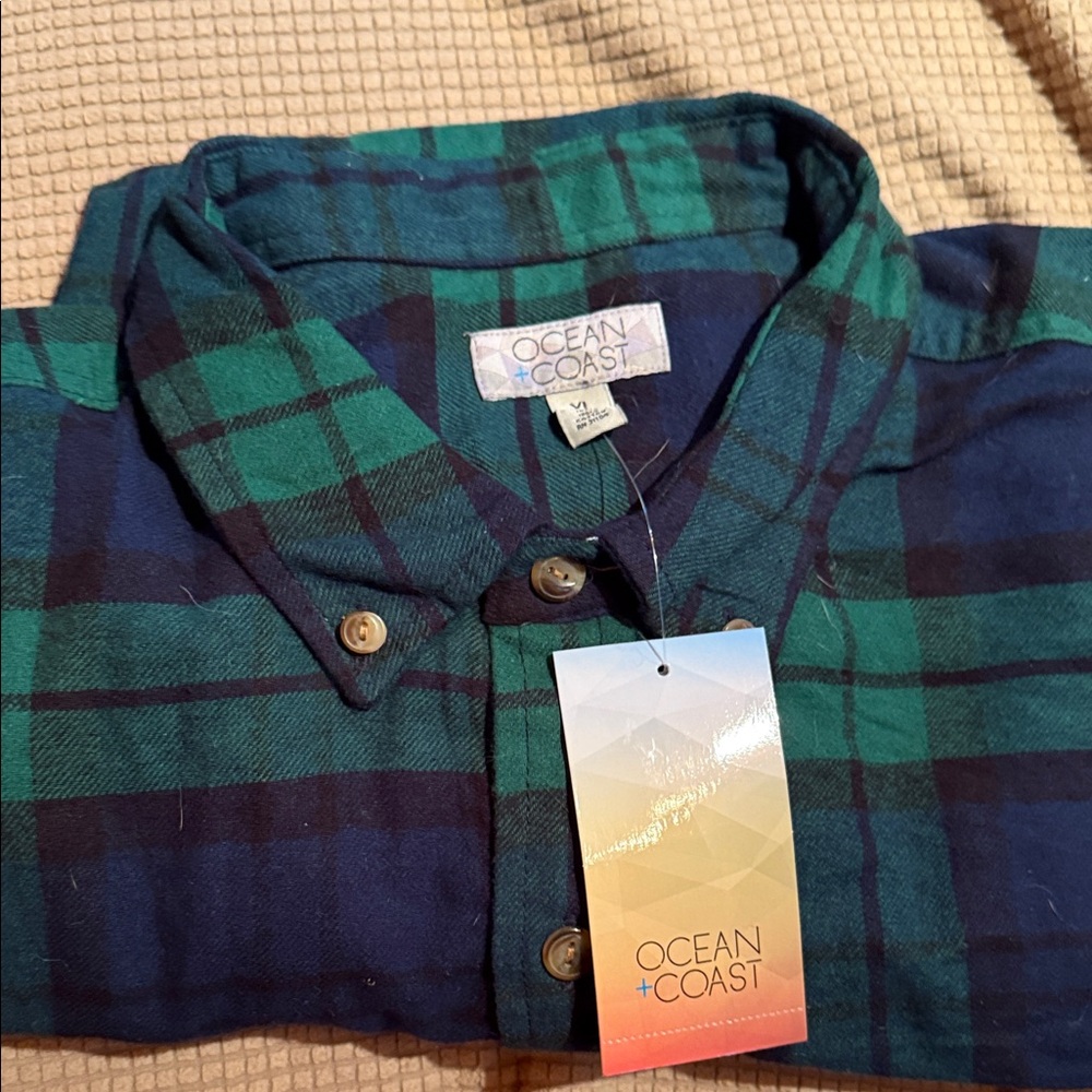 Ocean + Coast Men's Casual Plaid Shirt - Green and Blue